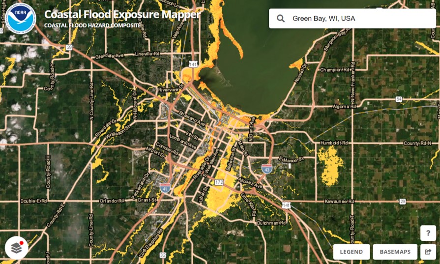 The Coastal Flood Exposure Mapper zoomed to Green Bay, WI with yellow areas covering land to indicate flood exposure.