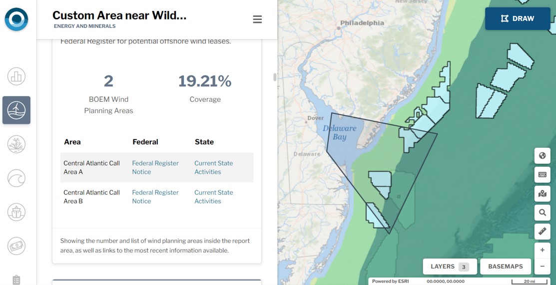 Map on right is zoomed in to Delaware Bay with several blue polygons and shades of green. Data show wind potential and BOEM wind planning areas.