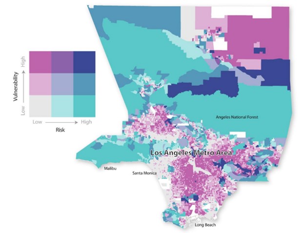 Map of Los Angeles Metro Area with purple, blue, and green coloring. A square shows low to high risk and vulnerability associated with those colors.