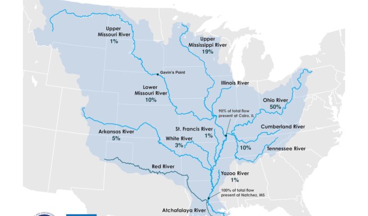 Map of Mississippi River Basin showing major contributing rivers.