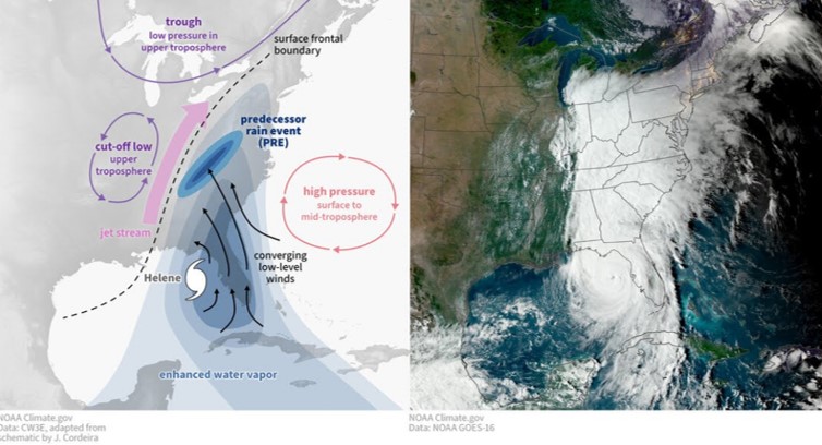 Map on left shows air pressure and winds that contributed to the hurricane. Map on right is satellite image of Helene as it approaches the panhandle of Florida.
