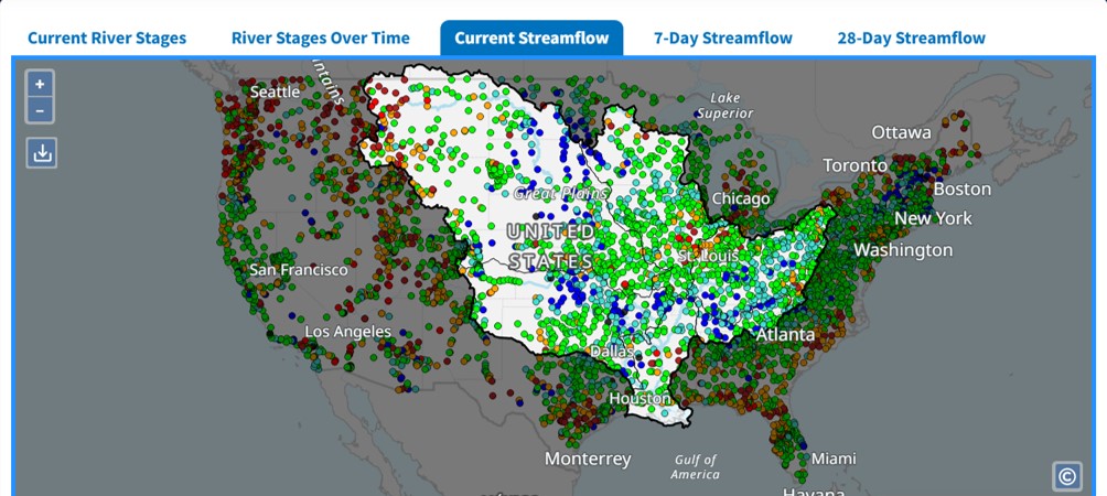 Map interface highlighting the Mississippi watershed with dots showing current streamflow