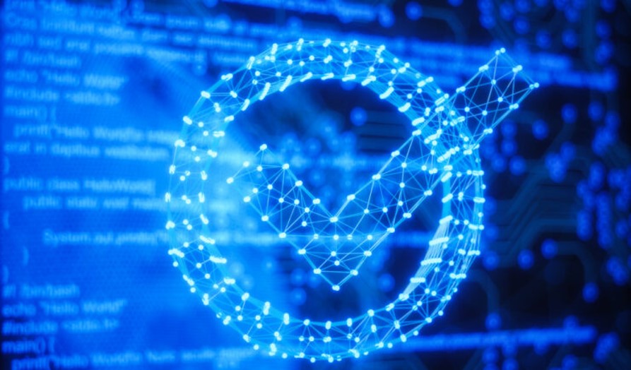 lit up blue circle with a check in the middle