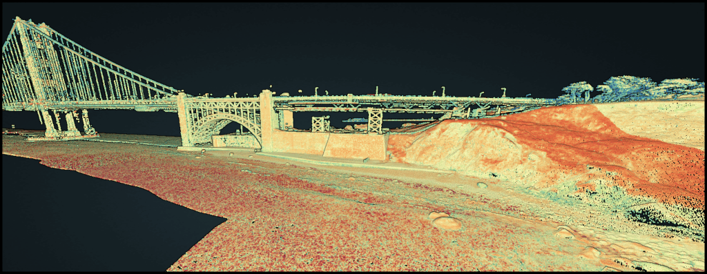 Graphic shows a flat surface next to a steep incline. A suspension bridge  reaches over the flat surface