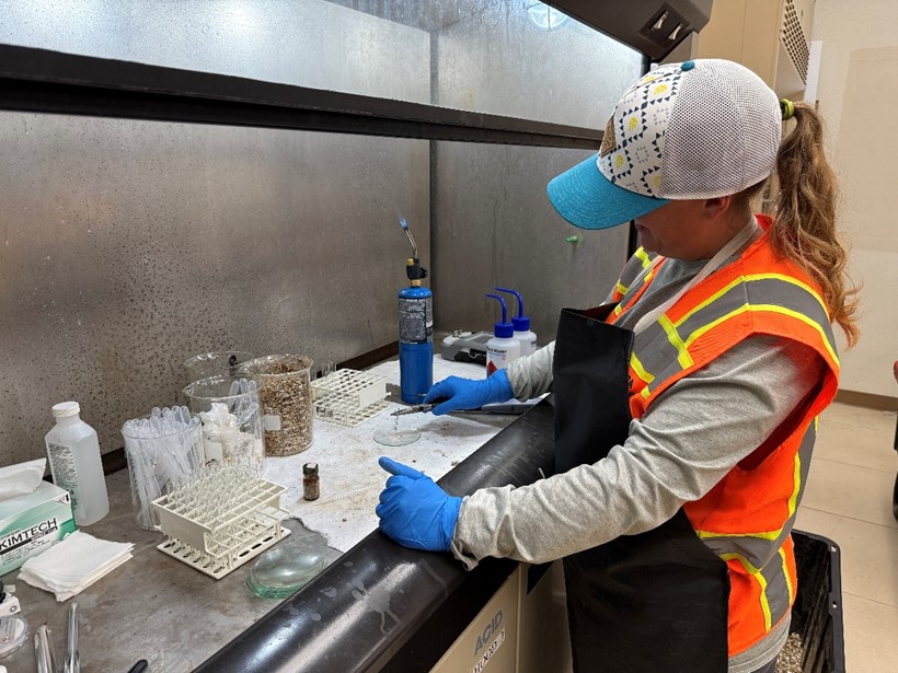 woman works with chemicals under a fume hood.