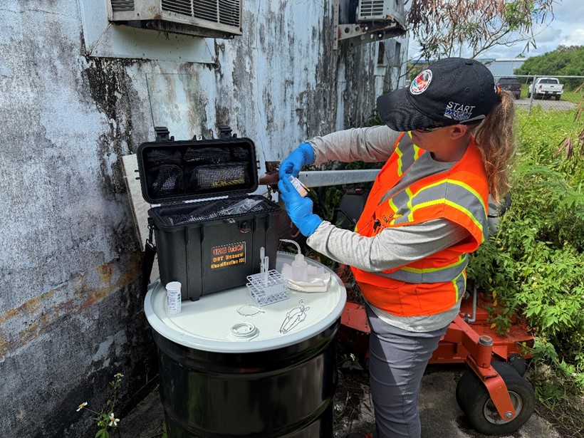 Woman pours works with chemical with a test kit