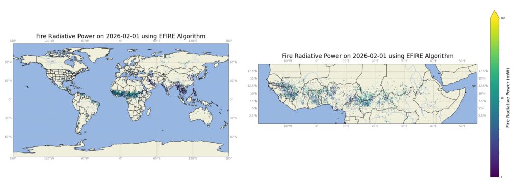 world map on left, map of Africa on right. Dots ranging from blue to yellow show fire burning.