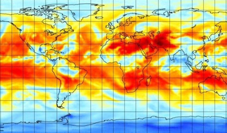 map of globe with swirls of orange around the center and blue around the poles