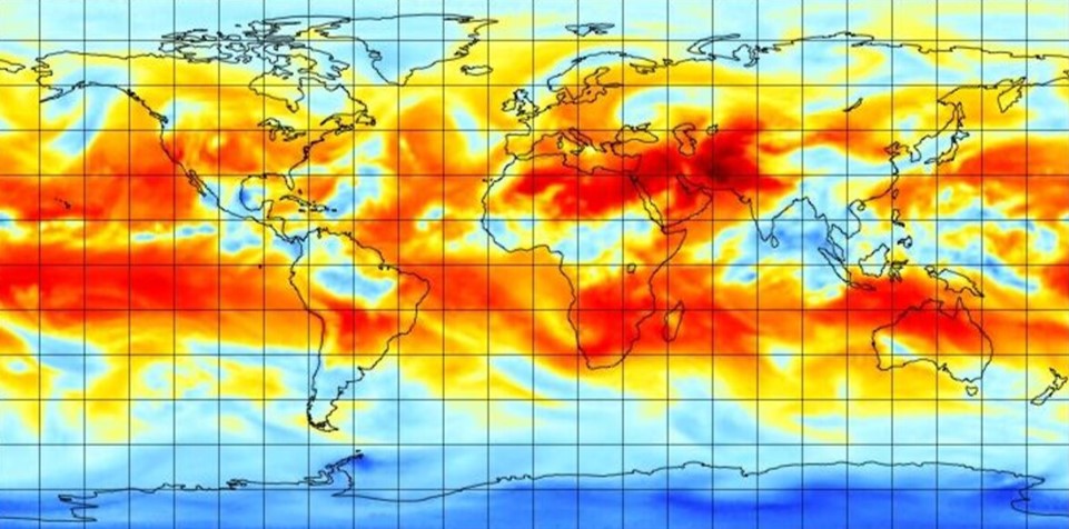 map of globe with swirls of orange around the center and blue around the poles
