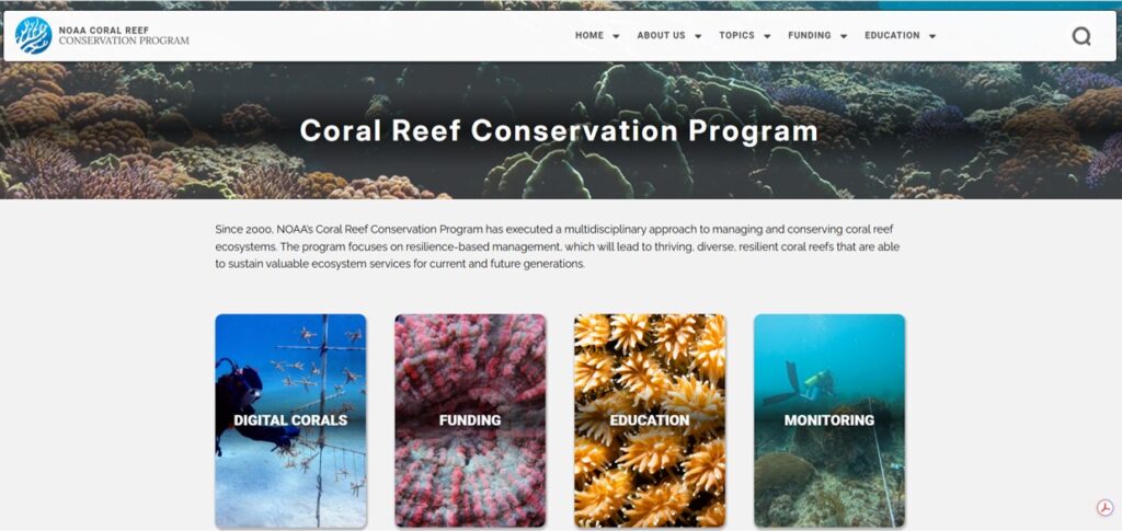 landing page for coral reef conservation program