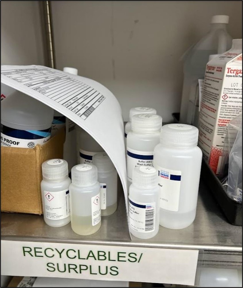 Shelf of recyclables/surplus materials with a label sitting on top.