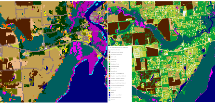 Map with 1 meter resolution on left and 30 meter on right.