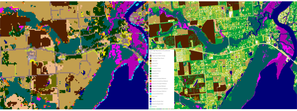 Map with 1 meter resolution on left and 30 meter on right.
