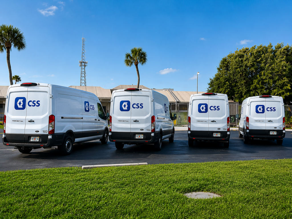 Four white vans with CSS logos