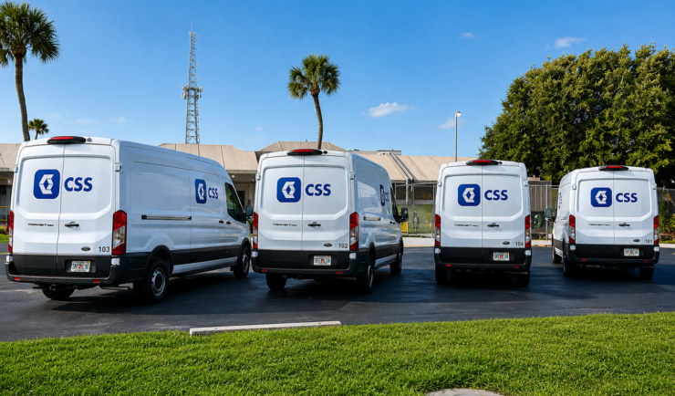 Four white vans with CSS logos