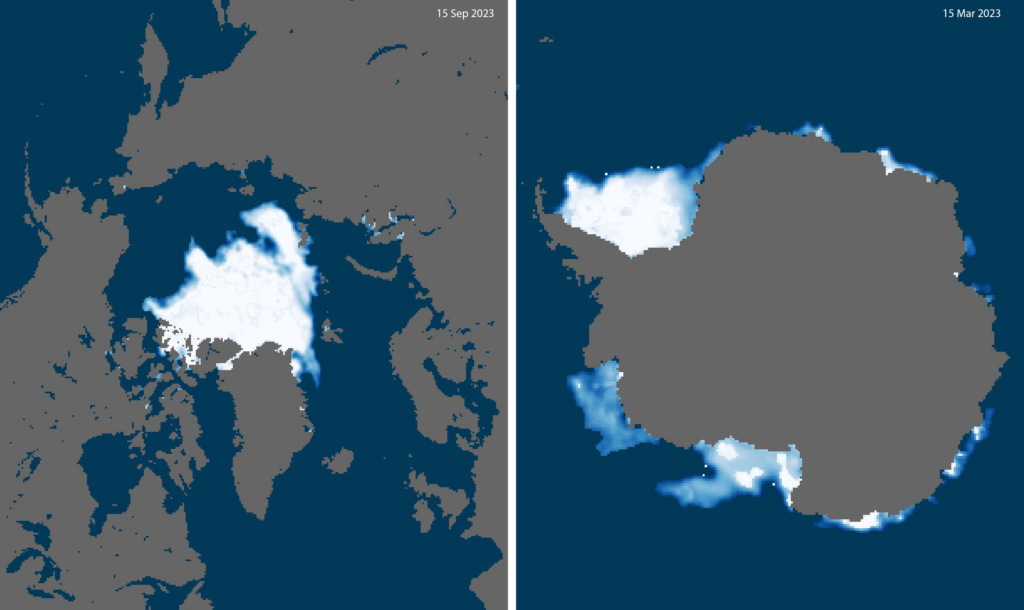 Image of Arctic Ocean sea ice (left) and Antarctic sea ice (right)