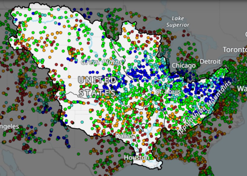 User interface for Mississippi Drought Dashboard. Map of U.S. With Mississippi watershed highlighted.