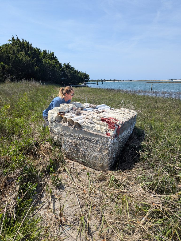 Woman crouches on a shoreline next to a large piece of floating dock washed up on shore.