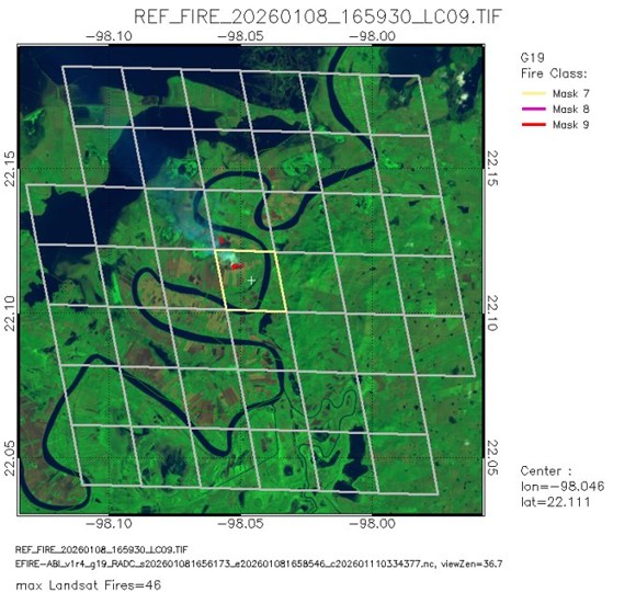 Satellite image with grid pattern shows a fire in the bend of a river.