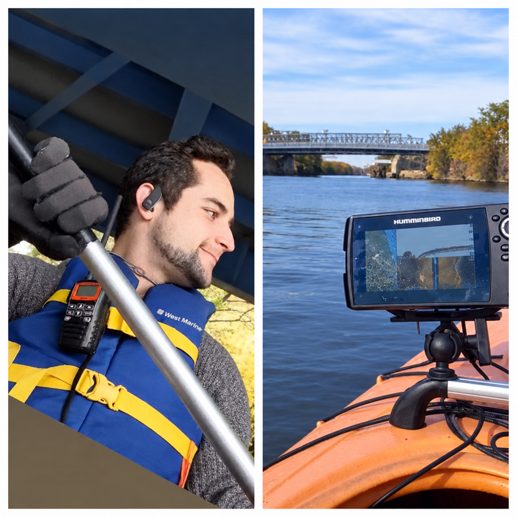 (left) man paddles kayak. (right) screen shows view of floor or river under kayak.