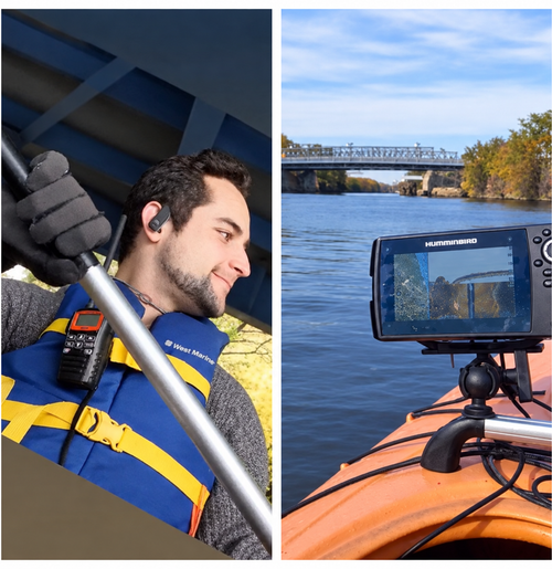 (left) man paddles kayak. (right) screen shows view of floor or river under kayak.