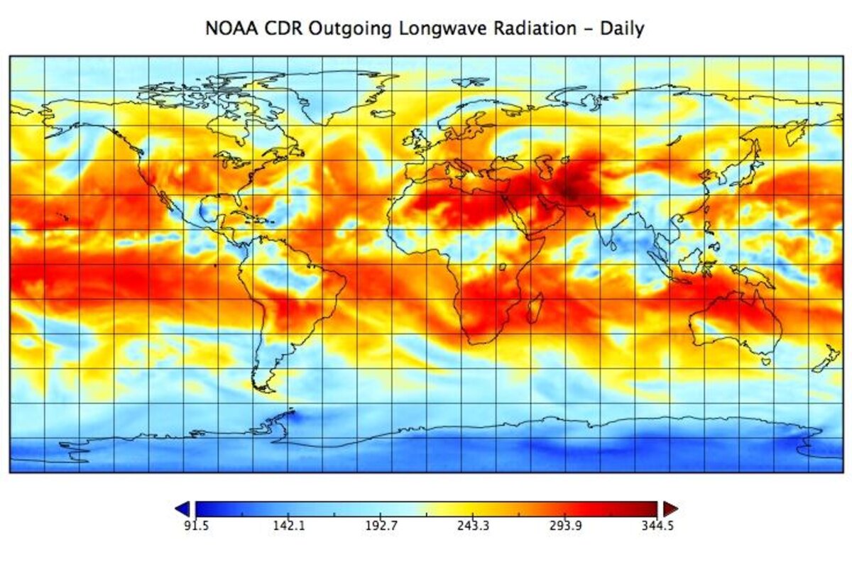 global map showing outgoing longwave radiation in color swirls. Orange and red are higher levels or radiation. Blues are lower levels